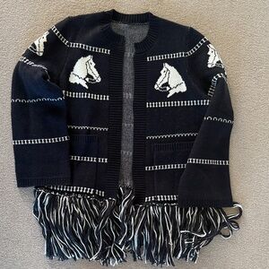 Navy and White Horse Pattern Cardigan with Fringe